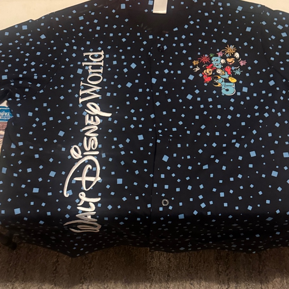Walt Disney World Black Button-Down Shirt with Blue Confetti Print